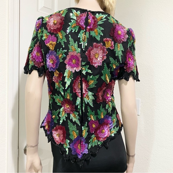 Vintage Laurence Kazar Heavily Beaded Sequin Floral Blouse Size M - Picture 4 of 16
